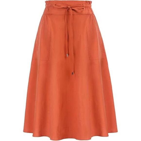 Women Casual Cotton Linen Skirts Frill Tie Waist A-Line Midi Skirt - Picture 7 of 14